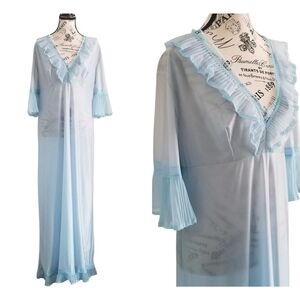 Vintage 70s Blue Chiffon Nightgown Prairie Nightie Cottage Pleated Ruffle Trim